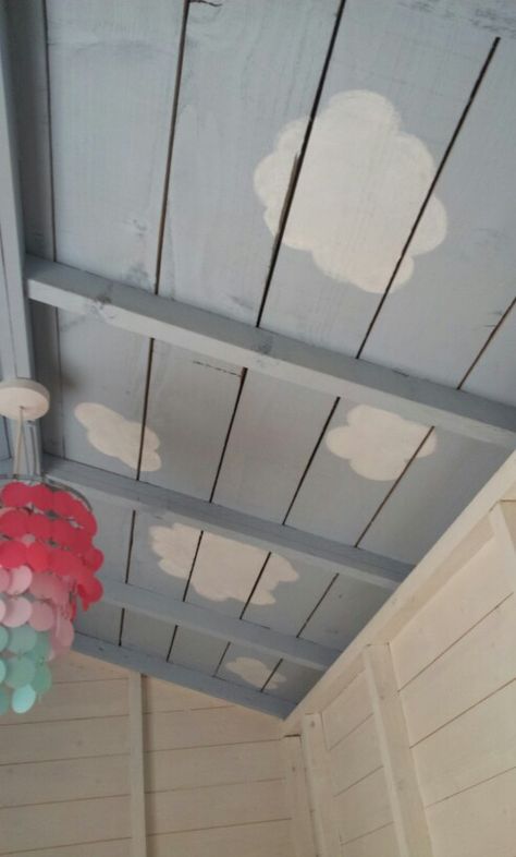 Playhouse ceiling clouds Outside Playhouse Interior, Rainbow Playhouse, Wendy House Ideas Interior, Inside Of Playhouse Ideas, Gender Neutral Playhouse, Kids Shed Playhouse, Wendy House Paint Ideas, Playhouse Mural, Shed Playhouse Interior