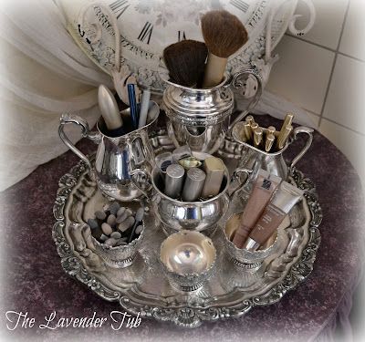 Makeup Vanity Bathroom, Silver Tray Decor, Silver Tea Set, Vanity Bathroom, Silver Trays, Silver Decor, Silver Tea, Vintage Silverware, Antique Decor