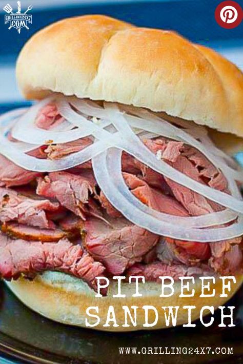 This contains: thinly sliced pit beef piled high on a roll with sliced onions Pit Beef Recipe, Charcoal Cooking, Roast Beef Sandwich Recipes, Pit Beef, Paleo Barbecue Sauce, Beef Sandwich Recipes, Healthy Sandwich Recipes, Dinners Recipes, Easy Grilling Recipes