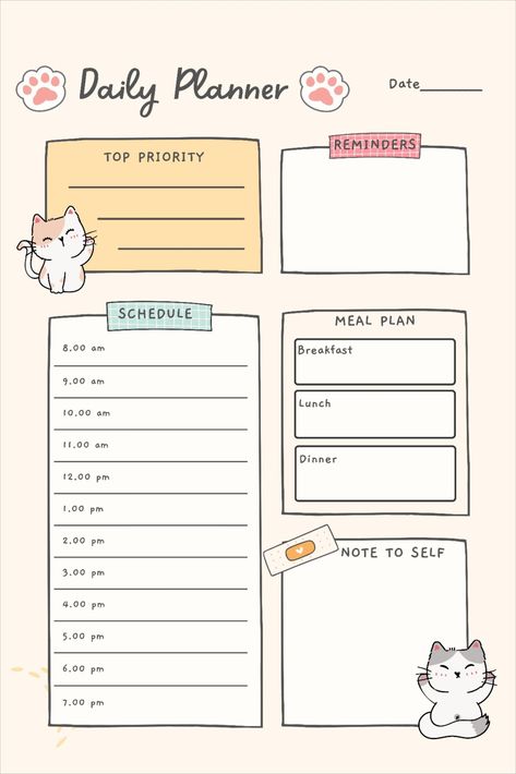 Cute Cat Digital Planner | Printable Planner by  Amy Eddington #planneraddicts Study Planner Printable Free, Cute Daily Planner, Free Planner Templates, Daily Planner Printables Free, Study Planner Printable, Weekly Planner Free, To Do Planner, Monthly Planner Template, Cat Digital