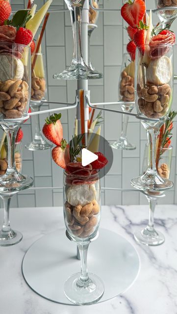 Food In Champagne Glasses Party Ideas, Champagne Charcuterie Cups, Charcuterie Tower, Appetizers Board, Recipe Tutorial, Champagne Tower, Shower Food, Charcuterie Boards, Champagne Glasses