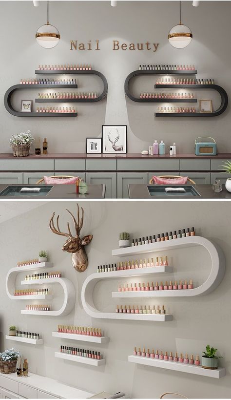 Nail Art Studio Design Ideas, Idea For Nail Salon, Nail Interior Design Ideas, My Nail Room, Nail Decor Salon, Simple Nail Salon Decor, Beauty Salon Organization Ideas, Nail Studio Design Interior, Nail Salon Esthetic