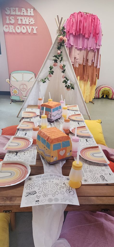 Boho Picnic with a shag backdrop, table scape, acrylic name plate, cute vw van cut out and Teepee Shag Backdrop, 2 Groovy Party, 2 Groovy, Acrylic Name Plate, Groovy Party, Boho Picnic, Table Scape, Vw Van, Name Plate