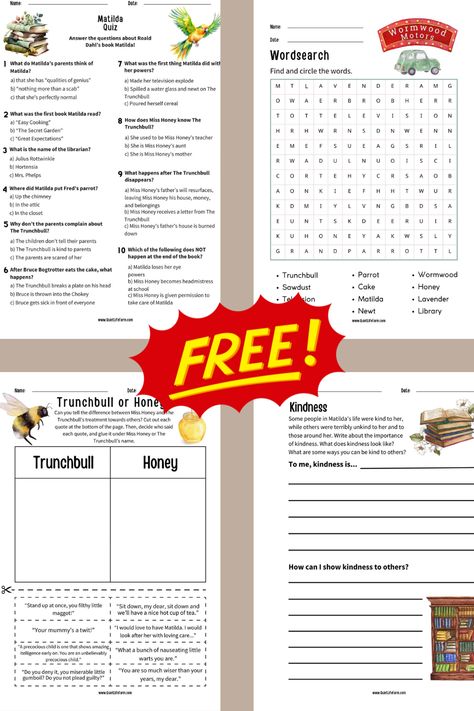 FREE Printable PDF stuffed full of Fun and Educational activities for Roald Dahl’s book Matilda!
Here you can find activities to use as companion activities as your child reads through (or listens to!) the book Matilda. Matilda Activities For Kids, Matilda Roald Dahl, Quiz Names, The Giant Peach, Homeschool Books, Free Printable Activities, Kids Talking, Family Books, Free Homeschool