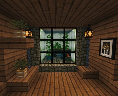 Minecraft Wall Aquarium, Minecraft Fish Aquarium, Aquarium Design Minecraft, Minecraft Fish Tank Ideas, Minecraft House Inside Ideas, Fish House Minecraft, Aquarium Minecraft Ideas, Axolotl Tank Ideas Minecraft, Fish Tank Minecraft