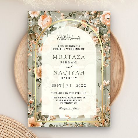 Rustic Sage Green Peach Floral Muslim Wedding Invitation Desi Wedding Invitations, Sage Green And Peach, Rustic Arch, Muslim Wedding Cards, Muslim Wedding Invitations, Wedding Box, Green Wedding Invitations, Islamic Wedding, Cool Wallpapers For Phones