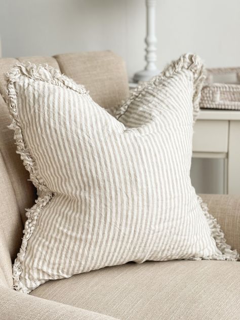 Our beige & cream frilled edge cushion is the perfect neutral cushion. Offering a frilled edge for an extra design element, this cushions will fit in with most interiors. We also offer this cushion with a fringed edge. This cushion comes with a duck feather pad included if selected in the options.  Dimension: 45 x 45 + 4cm edge & 55 x 55 + 4cm edge. Hand wash only. (we also have a website www.ellenvaleinteriors.com where our stock is slightly cheaper due to no Etsy fees) Bed Cushions Arrangement, Cushion Arrangement, White Linen Sofa, Cushion Combinations, Country Style Bedroom, Fireplace Room, Neutral Cushions, Room Fireplace, Cream Cushions