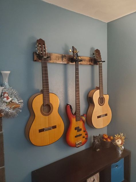 Whiskey Barrel Stave 3 Guitar Holder Whiskey Barrel Stave | Etsy Rustic Guitar, Guitar Wall Mount, Guitar Holder, Music Room Design, Guitar Storage, Guitar Wall Hanger, Garden Tool Rack, Guitar Display, Home Music Rooms