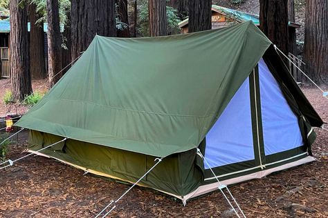 A Frame Tent Camping, Base Camp Tent, Canvas Tent Camping, Livable Sheds, Survival Tent, Tent Platform, Tents For Camping, Canvas Tents, Platform Deck