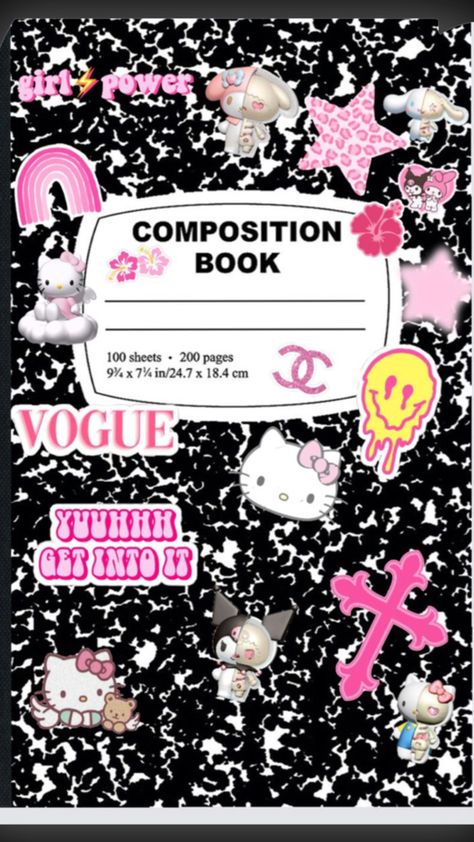 !! Hello Kitty Book, Back To School Wallpaper, Pink Wallpaper Hello Kitty, Cartoon Edits, Book Wallpaper, Composition Book, Binder Covers, Glow Up Tips, Composition Notebook