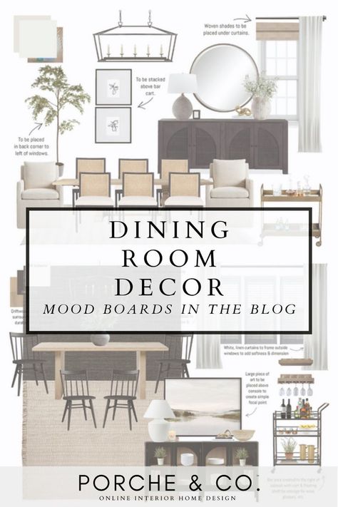 In this blog from Porche & Co. you will find dining room mood boards, room decor and dining room ideas. We are sharing our dining room designs and dining room mood boards. Head to the blog to see a selection of our dining room ideas. Dining Room Breakfront Ideas, Keeping Room Dining Room Combo, How To Style A Dining Room Table, Undining Room, Modern Classic Dining Room, Dining Room Mood Board, Classic Dining Room Design, Modern Classic Dining, Havenly Dining Room