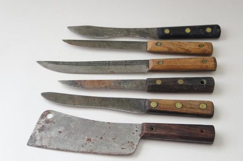 antique vintage carbon steel kitchen kitchen knives, butcher knife lot Historical Kitchen, Knife Aesthetic, Butcher Knife, Old Kitchen, Kitchen Knife, Steel Kitchen, Close Up Photos, Kitchen Knives, Antique Vintage