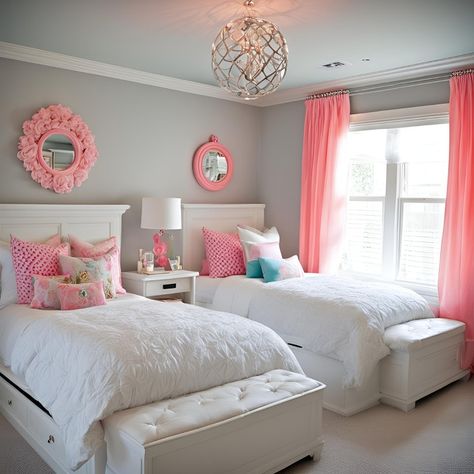 Sweet dreams for two! This twin bedroom is designed to create a calming and cozy sleep environment for siblings. The neutral color scheme with pops of yellow keeps things bright and cheerful, while the two comfy beds ensure a good night's sleep. Do you have any favorite twin bedroom design ideas? Share them in the comments! Pink And White Bedroom Decor, Twin Bedroom Design, Sisters Bedroom Ideas, Pink And White Bedroom, Twin Girl Bedrooms, Girls Twin Bed, Sister Bedroom, Comfy Beds, Functional Bedroom