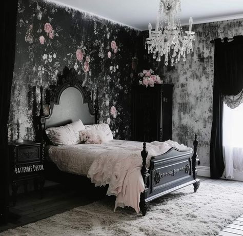 Pink And Black Victorian Bedroom, Goth Shabby Chic, Gothic Shabby Chic, White Gothic Bedroom, Dark Shabby Chic, Gothic Room Aesthetic, Goth Bedroom Aesthetic, Gothic Room Ideas, Gothic Bedrooms