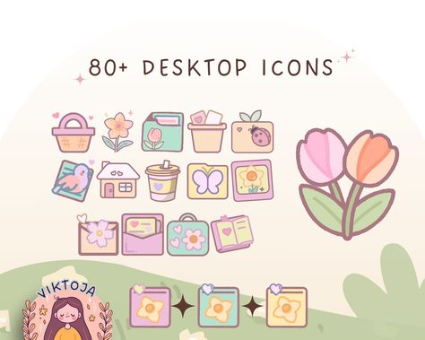 Daily Flow, Spring Cafe, Desktop Aesthetic, Kawaii Icons, Cute Desktop, Sakura Icons, Desktop Themes, Desktop Icons, Digital Painting Techniques