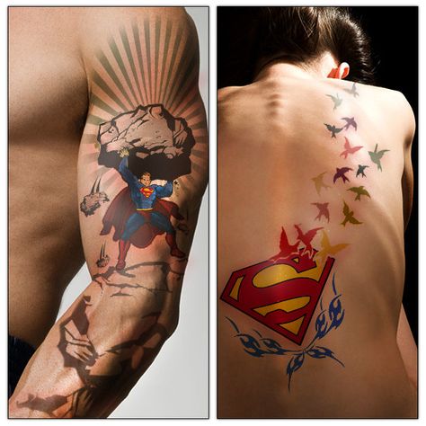 Super Hero Tattoos, Superman Tattoo, Superman Tattoos, Dc Tattoo, Hero Tattoo, Comic Tattoo, Marvel Tattoos, Superman Man Of Steel, 3d Tattoo