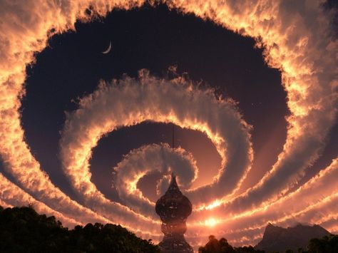 Fact Check Fauxtography Spiral Sky An image showing an impressive spiral cloud formation encircling a tower was rendered by an artist, not photographed. Rainbow Cloud, To Infinity And Beyond, Abraham Hicks, Natural Phenomena, Alam Yang Indah, Beautiful Sky, Science And Nature, Tornado, Amazing Nature