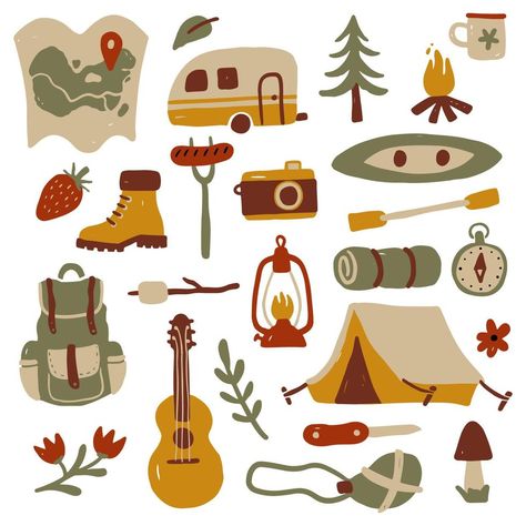 Camping Wallpaper, Camping Icons, Camping Clipart, Scrapbook Cover, Camping Theme, Magical Art, Travel Stickers, Art Style Inspiration, Camping Equipment