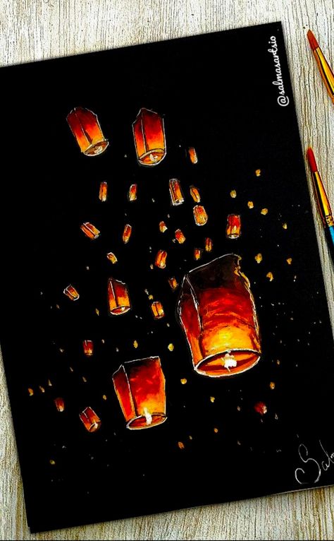 Sketches Black Paper, Easy Art On Black Paper, Art With Black Paper, Rain Effect Painting, Art With Dark Background, Color Pencil Art On Black Paper, Watercolor Art On Black Paper, Acrylic Painting Ideas Black Background, Painting Ideas On Black Paper