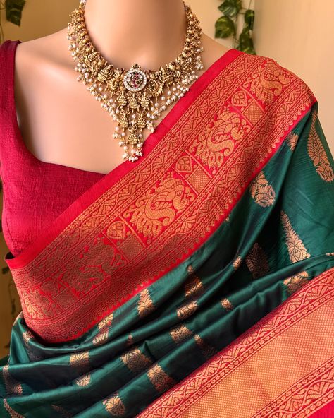 Www.Thejacouture.in > silk sarees > Bottle Green art silk saree. . Bottle Green art silk saree with Golden zari design all over saree. Comes with red blouse piece. Saree height: 47 inches. Saree length: 5.5 meters. Blouse: 80cm . Priced: 1500/- INR Normal wash. . Jewellery: @elegant_fashion6095 #sareelove #sareeinspiration #sareeday #sareestyle #sareecollection #SareeSwag #SareeTwitter #SareeLover #SareeFashion #SareeOfTheDay #SareeInStyle #SareeGoals #SareeMagic #SareeStories #Sare... Red Silk Saree, Jewellery Elegant, Indian Wedding Gowns, Traditional Silk Saree, Green Saree, Art Silk Sarees, Red Saree, Red Blouse, Bottle Green