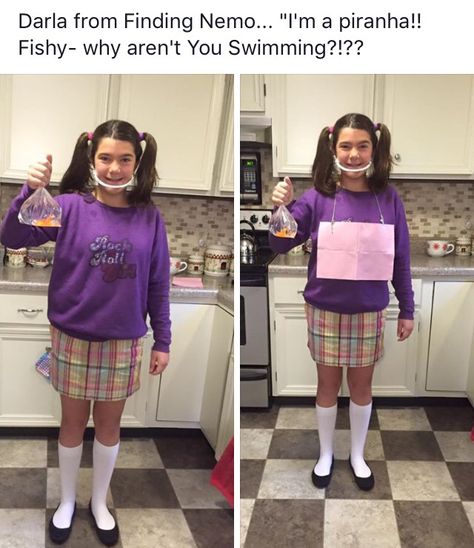 Darla Sherman from finding Nemo Bookweek Costumes Diy, Darla Sherman Costume, Finding Nemo Group Costume, Disney Day Spirit Week Outfits Easy, Darla Finding Nemo Costume, Disney Day Spirit Week, Meme Day Outfits, Meme Day Outfits Spirit Week, Finding Nemo Costume