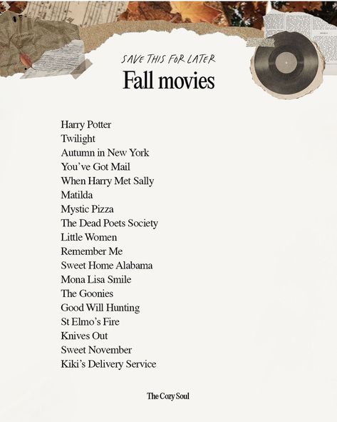 September Movies, Fall Movies To Watch, Harry Potter Twilight, Fall Movies, The Fall Movie, Halloween Movie Night, Movie To Watch List, When Harry Met Sally, Fall Mood Board