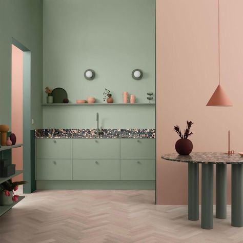 Pink Kitchen Inspiration, Green Color Trends, Pastel Interior Design, Green Terrazzo, Pastel Interior, Green Interior Design, Pastel Design, Eucalyptus Green, Interior Design Per La Casa