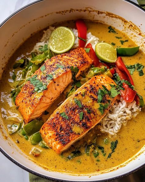 Caribbean Coconut Curry Salmon - Recipessin Curry Salmon Recipes, Green Curry Salmon, Coconut Curry Salmon, Creamy Coconut Sauce, Curry Salmon, Thai Salmon, Salmon Curry, Coconut Curry Sauce, Scotch Bonnet Pepper