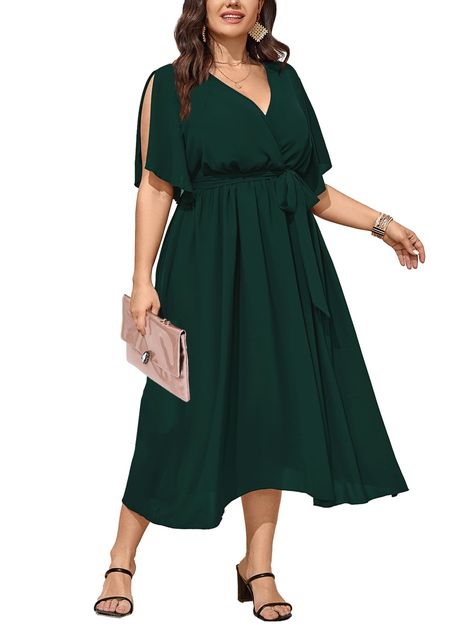 PRICES MAY VARY. MATERIAL: This Plus Size Maxi Dress Is Made Of 95% Polyester and 5% Spandex, Which Is Soft, Comfy And Light Weight, But Not See Through, Flowy, Comfortable To Wear In Summer FEATURE: Long Dress For Women Features Sexy Wrap V Neck, Short Sleeve, Relaxed Fit, Split Sleeve, High Waist, Wrap Dress, Solid Long Maxi Dress, Wrap Belt At The Waist STYLE: Summer Maxi Dress/ V Neck Maxi Dress/ Semi Formal Dress/ Ladies Maxi Dress/ High Waist Dress/ Flowy Maxi Dress/ Maxi Dress With Split Curvy Wedding Guest Outfit, Flowy Belted Midi Dress With V-neck, Green Flowy V-neck Dress, Chic Green Flowy V-neck Dress, Wrap Dress Formal, Green V-neck Surplice Dress For Evening, Green Belted V-neck Maxi Dress, Maxi Dress Short, A Line Long Dress