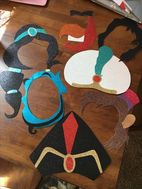 Aladdin, Jasmine, Genie photo booth props Aladdin Photo Booth, Aladdin Theme Party Arabian Nights, Jasmine Birthday Party Ideas Decoration, Aladdin Decorations, Aladdin Props, Princess Jasmine Party, Indian Birthday Parties, Arabian Party, Aladdin Art