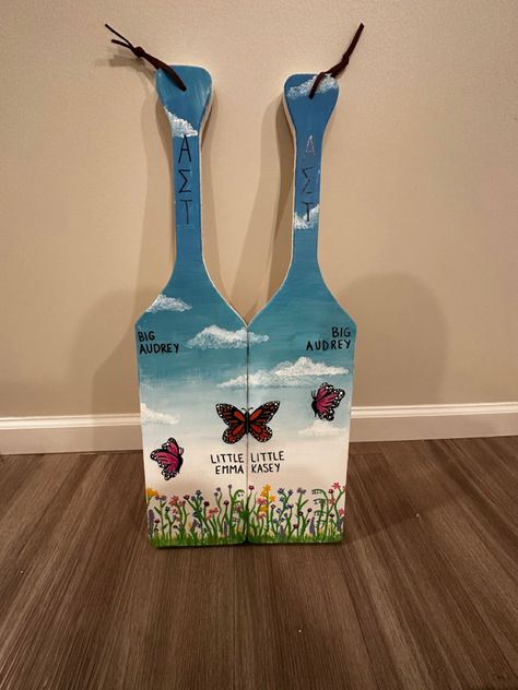 Alpha Sigma Tau paddles, great design for twins! Sorority Twin Paddles, Ocean Paddle Sorority, Alpha Sigma Tau Paddles, Butterfly Paddle Sorority, Alpha Gamma Delta Paddle, Sorority Paddles, Alpha Sigma Tau, Big Little, Sorority