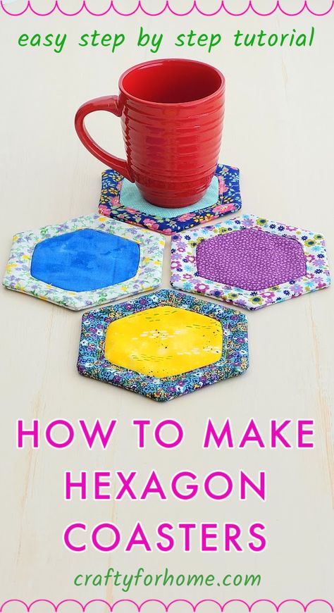 Blue, yellow, purple printed fabric for hexagon coasters and a red mug. Reverse Applique Designs, Reverse Applique Tutorial, Fat Quarter Sewing Projects, Mug Rug Tutorial, Quilt Blocks Easy, Hexagon Coaster, Applique Tutorial, Mug Rug Patterns, Machines Fabric