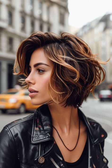 From Subtle to Bold: 19 Caramel Balayage Styles for Every Hair Type Caramel Hair Short Bob, Brunette Hair With Highlights Short, Short Brunette Balayage, Caramel Balayage Short Hair, Short Brunette Hair With Highlights, Brown Hair Balayage Ideas, Dark Brown With Caramel Highlights, Brunette Hair Balayage, Hair Balayage Ideas