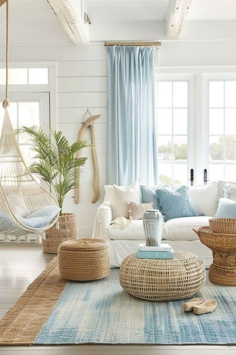 Blue Boho Bedroom, Sunroom Makeover, Ny House, Light Blue Bedroom, Boho Bedrooms, Boho Beach House, Beach House Interior Design, Coastal Room, Coastal Interiors Design