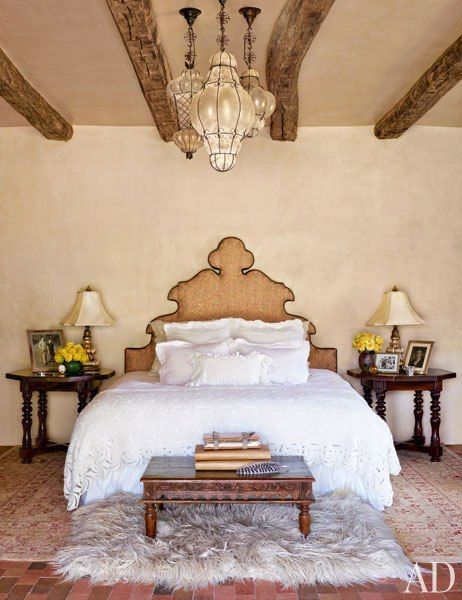 In Jane Fonda's New Mexico ranch house - The actress designed the headboard in the master bedroom; the bed linens are vintage, and the ceiling fixtures are Italian. Unique Headboard Ideas, Exotic Bedrooms, Celebrity Bedrooms, Colonial Interiors, Ranch Ideas, Next Bedroom, Arizona Style, Spanish Decor, Casa Country