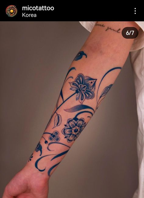 Blue Arm Tattoos For Women, Blue China Tattoo White Porcelain, Blue Line Work Tattoo, Blue Outline Tattoo, Blue Sleeve Tattoo, Blue Porcelain Tattoo, Porcelain Tattoo, Universe Tattoos, Blue Flower Tattoos