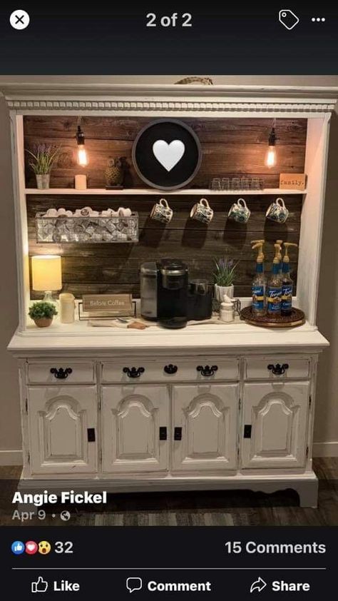 Repurposed China Cabinet Coffee Stations, China Cabinet To Coffee Bar, China Cabinet Coffee Bar, Repurposed China Cabinet, Old Furniture Makeover, Hutch Furniture, China Cabinet Makeover, Coffee Bar Station, Diy Coffee Bar