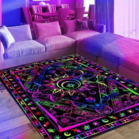 PRICES MAY VARY. BLACKLIGHT/UV REACTIVE: Bring the mystery of the cosmic galaxy into your home with our stunning uv rug. The classic color scheme combined with burning sun and moon patterns has both therapeutic and symbolic significance, adding a touch of magic to any space STYLISH & COZY: Immerse yourself in a unique meditation experience with our area carpet featuring a striking 3D-printed design. The sponge layer in the middle of the blacklight carpet effectively suppresses noise. When barefo Glow In The Dark Bedroom, Blacklight Bedroom, Retro Living Room Decor, Burning Sun, Dark Bedroom, Playroom Rug, Neon Room, Retro Living Rooms, Uv Reactive