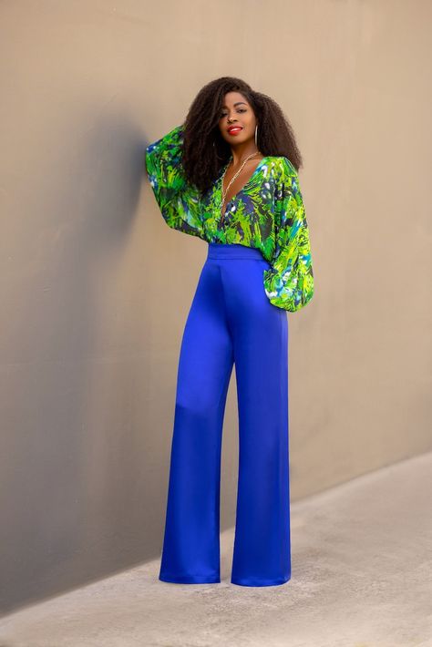 Bishop Sleeve Bodysuit + High Waist Pants Blue Wide Leg Pants Outfit, Royal Blue Pants Outfit, Bright Blue Pants, Wide Pants Outfit, Colored Pants Outfits, Blue Pants Outfit, Royal Blue Pants, Bright Colored Outfits, Dress Pants Outfits