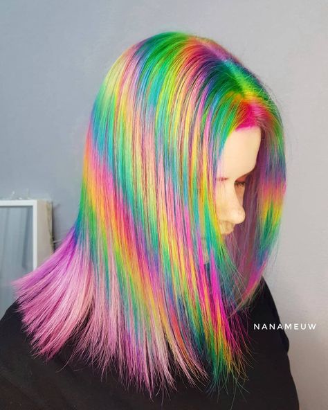 Neon Prism- Dazzling diagonal rainbow hair by @nanameuw - try our Brights for your own vivid look! #lunartides #glitchhair #rainbowhair Rainbow Hair Colors, Micro Bob, Disco Hair, Holographic Hair, Hype Hair, Hair Colour Design, Glow Hair, Rainbow Hair Color, Hair Color Unique