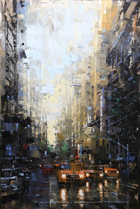 Fifth Ave After Rain by Mark Lague Oil ~ 36 x 24 Mark Lague, Canvas Inspiration, Urban Painting, City Scapes, After Rain, Abstract City, Catwalk Collection, City Painting, Cityscape Art