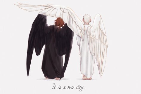 Good Omens Wings Scene, Good Omens Painting, Good Omens Desktop Wallpaper, Good Omens Wings, Good Omens Tattoo Ideas, Good Omens Tattoo, Omen Fanart, Bird People, Angel Wings Tattoo