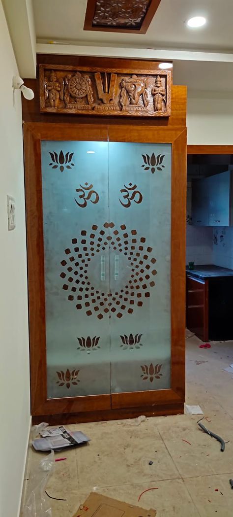 Pooja Room Glass Door Design Indian, Mandir Glass Door Design Puja Room, Pooja Room Glass Door Designs, Mandir Glass Door Design, Pooja Units, Pooja Cabinet, Mandir Ideas, Puja Unit, Pooja Door