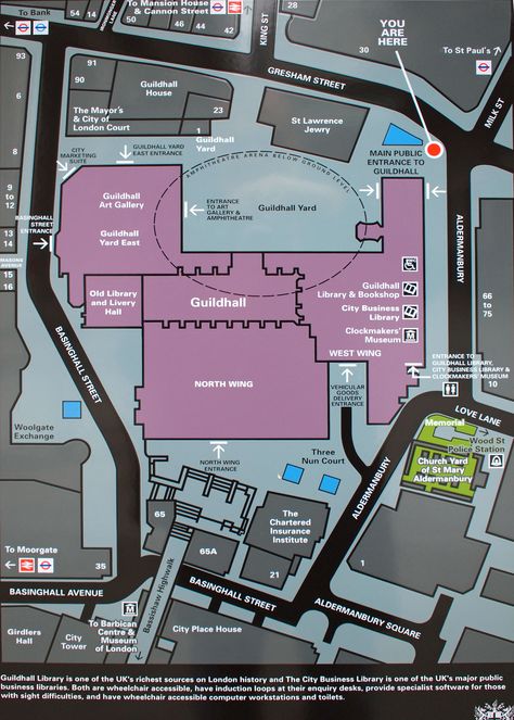 Tourist map of the Guildhall area showing the location of the amphitheater. The roman amphitheater buried under the city of London. No one knew it existed under the Guildhall until 1988 - I worked nearby for over 20 years and had no idea about it. Now you can see it free of charge at the Guildhall Art Gallery. Guildhall London, Guildhall Art Gallery, Underground London, Old Library, Tourist Map, St Lawrence, City Of London, Saint Paul, London City