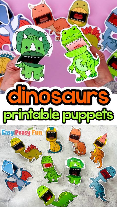 Printable Dinosaur Puppets (PDF Template) - Easy Peasy and Fun Dinosaur Speech Therapy, Dinosaur Puppet Craft, Dinovember Crafts, Dinosaur Activity For Kids, Mythical Creatures Crafts, Prek Dinosaur Activities, Dino Activities For Kids, Dino Crafts For Kids, Dinosaur Arts And Crafts