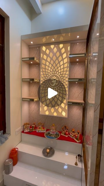 Mandir Furniture Design, Mandir Om Design, Mandir Glass Design, Om Design For Mandir, Modern Mandir Design, Mandir Designs, Makeup Glasses, Mandir Decoration, Mandir Design