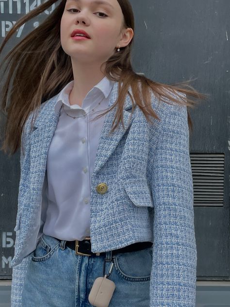 Crop Tweed Blazer Outfit, Tweed Cropped Blazer Outfit, Formal Tweed Outfit, Crop Tweed Jacket Outfit, Blue Tweed Skirt Outfit, Blue Tweed Blazer Outfit, Blue Tweed Jacket Outfit, Tweed Coat Outfit, Tweed Skirt Outfit