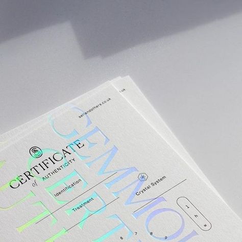 Colorplan on Instagram: "Colorplan Pristine White 540gsm with a transparent holographic and gloss black foil for @selfandothers.co's certificates, designed by @conscious.made and printed by @jotpress." Holographic Foil Packaging, Holographic Typography, Illustrated Branding, Colorplan Paper, Holographic Paper, Holographic Print, Foil Packaging, Clear Paper, White Foil