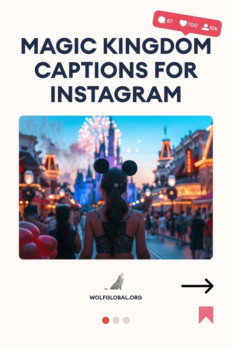 "Woman wearing Mickey Mouse ears watching fireworks at Magic Kingdom, Instagram guide graphic."
Graphic checklist with Disney-themed aspirations and emojis, with a 'Get 100+ more' button at the bottom.
Ad featuring a smiling woman with laptop promoting Instagram engagement service by WolfGlobal.org. Disney Love Quotes, Insta Captions, Aladdin And Jasmine, Space Mountain, Green With Envy, Captions For Instagram, Magic Carpet, Happiest Place On Earth, Disney Quotes