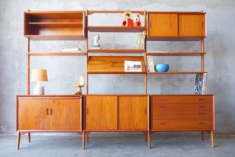 Danish Wall Unit, Limewash Room, Danish Bookshelf, Mcm Wall Unit, Shelving Inspiration, Dresser Bookshelf, Mcm Office, Pull Out Desk, Entertainment Shelves